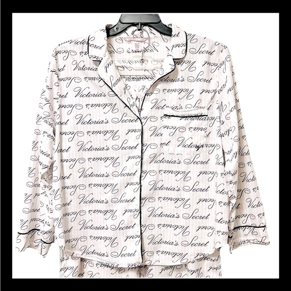 Victoria's Secret Pink&White Stripe w/ black VS logo 2Pc. Pajama Set Women Large - Picture 4 of 10